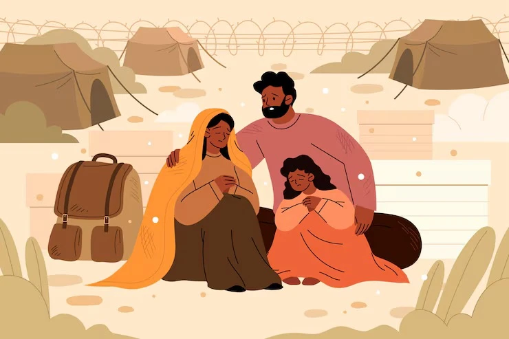 Refugee family illustration
